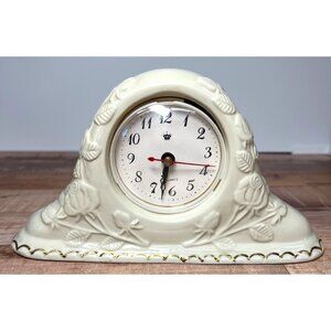 Vintage Ceramic Mantel Clock With Rose Embossed Design & Gold Trim
